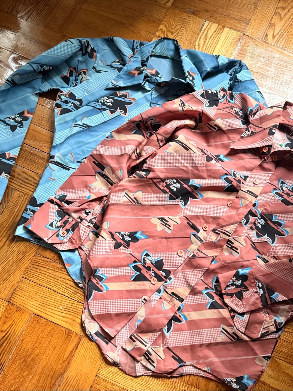 Lot of 2 Vintage 70s Men's Striped Floral Button-Up Dagger Collar Shirts